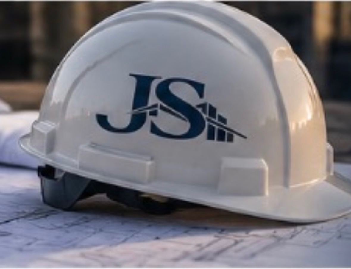 White hard hat printed with the navy JS Construction logo, resting on blueprints.